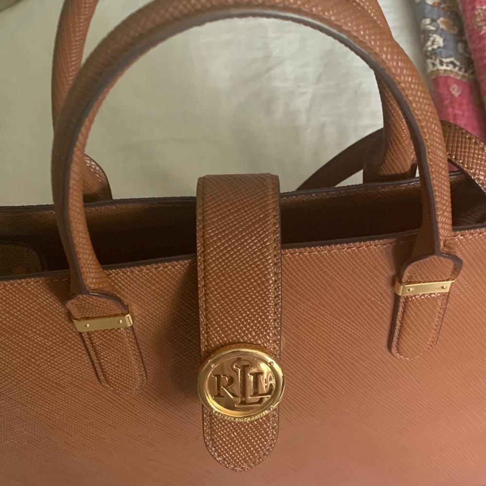 Ralph Lauren Cognac Textured Leather Satchel with Gold RL Medallion - Picture 12 of 16